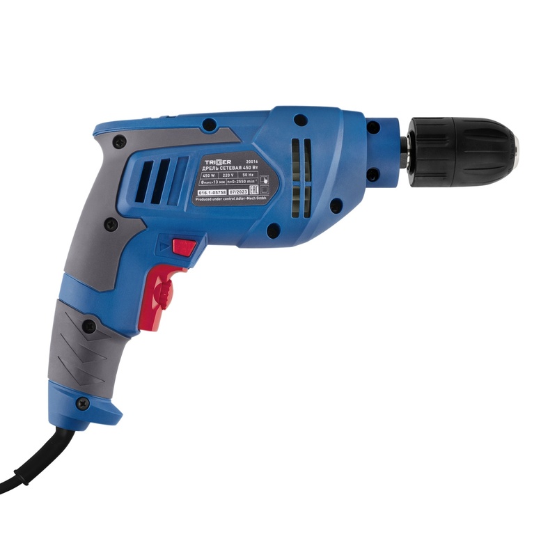 Дрель безударная сетевая Trigger 20016, 13 мм, БЗП, 0,45 кВт, реверс, 0-2500 об/мин