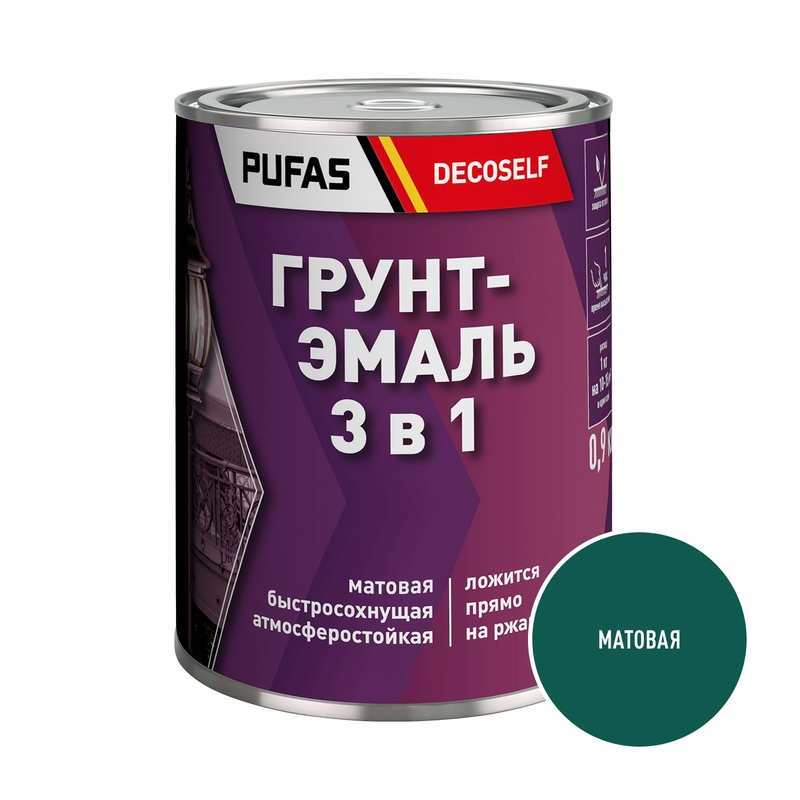 Грунт-эмаль Pufas Decoself 3 в 1 быстросохнущая матовая зеленая (0,9 кг)